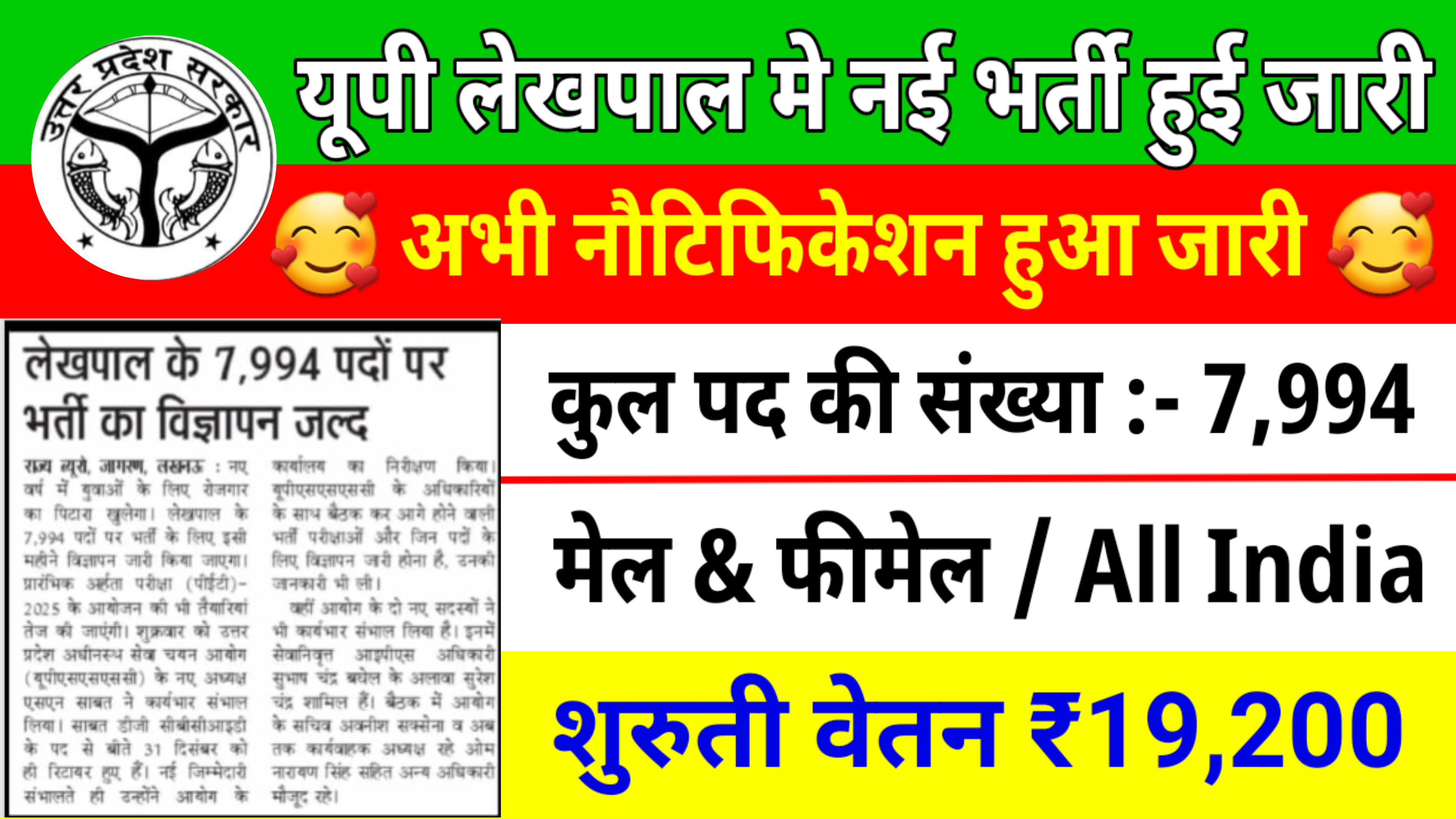 UP Lekhpal New Post Vacancy : अब यूपी लेखपाल के कुल 7,994 पदों पे यह नोटिफिकेशन किया जारी, देखें पूरी जानकारी